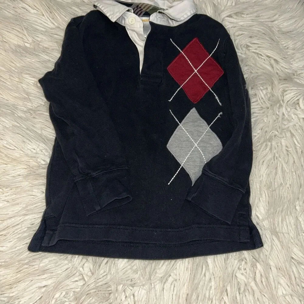 Boys Sz 4 Gymboree Brand Long Sleeved Argyle Rugby Shirt with Collared Neckline